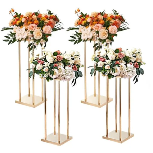 4 stk guld metal søjle blomsterstandere, 80 cm høj med geometrisk vase, perfekt til bryllupper og fester. Elegante midterstykker til receptioner.