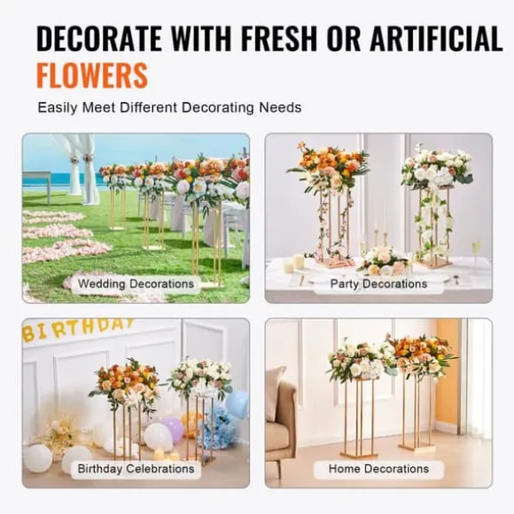4 stk guld metal søjle blomsterstandere, 80 cm høj med geometrisk vase, perfekt til bryllupper og fester. Elegante midterstykker til receptioner.