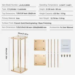 4 stk guld metal søjle blomsterstandere, 80 cm høj med geometrisk vase, perfekt til bryllupper og fester. Elegante midterstykker til receptioner.