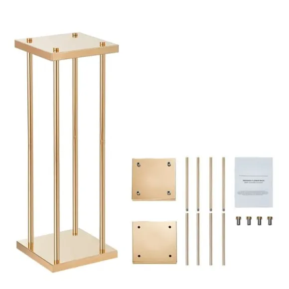 4 stk guld metal søjle blomsterstandere, 80 cm høj med geometrisk vase, perfekt til bryllupper og fester. Elegante midterstykker til receptioner.