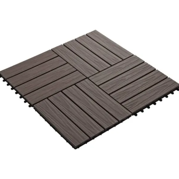 11 stk. prægede WPC terrassefliser 30x30 cm | Farve: Mørkebrun | Dækker 1 kvm
