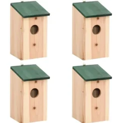 4 stk. træfuglehuse med grønt tag - Dekorative redekasser | Størrelse: 12x12x22 cm