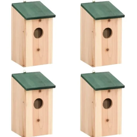 4 stk. træfuglehuse med grønt tag - Dekorative redekasser | Størrelse: 12x12x22 cm