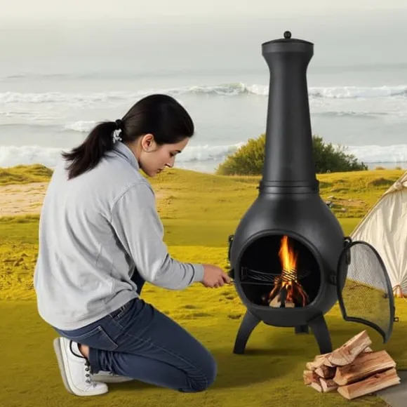 22 tommer Chiminea, Udendørs Aluminium Pejs, med Grillnet og Skorstensbelægning