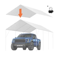 10 x 20 ft carport baldakin, kraftig og vandtæt teltpresenning med UV-beskyttelse. Nem installation - inkl. 40 bungees (kun topdæksel). Hvid