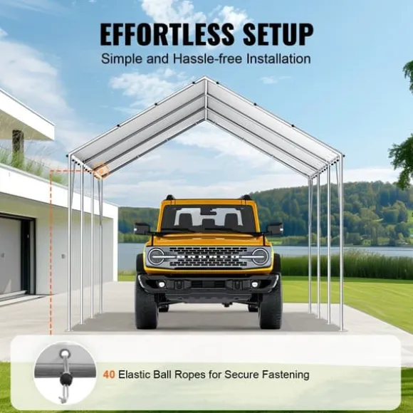10 x 20 ft carport baldakin, kraftig og vandtæt teltpresenning med UV-beskyttelse. Nem installation - inkl. 40 bungees (kun topdæksel). Hvid