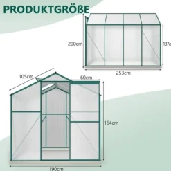 Aluminium drivhus med fundament 4,75 m² - 190 × 253 cm, inkl. 1 ovenlysvindue og skydedør, havedrivhus, tomatdrivhus