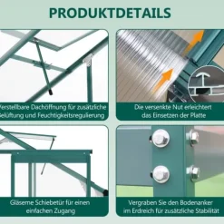Aluminium drivhus med fundament 4,75 m² - 190 × 253 cm, inkl. 1 ovenlysvindue og skydedør, havedrivhus, tomatdrivhus