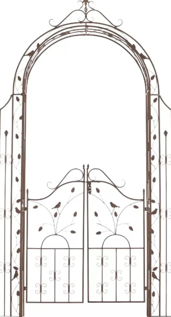 Antique Brown Metal Rose Arch with Gate - Handcrafted Iron Garden Arbor for Climbing Plants, Durable, 144cm Wide