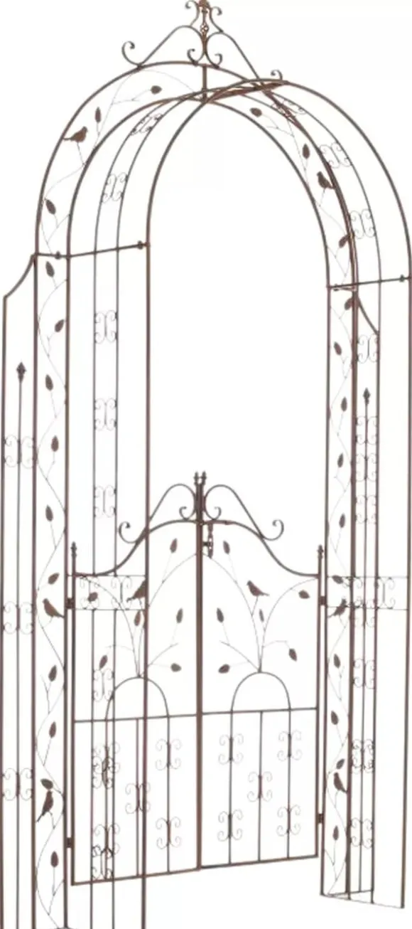 Antique Brown Metal Rose Arch with Gate - Handcrafted Iron Garden Arbor for Climbing Plants, Durable, 144cm Wide