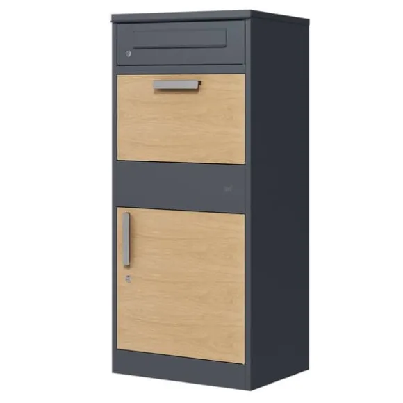 AXI Levi Metall Paketbrevlåda Antracit/Trälook | Paketbox för flera paket | Brevlåda med lås | 50,6 x 38,3 x 112 cm