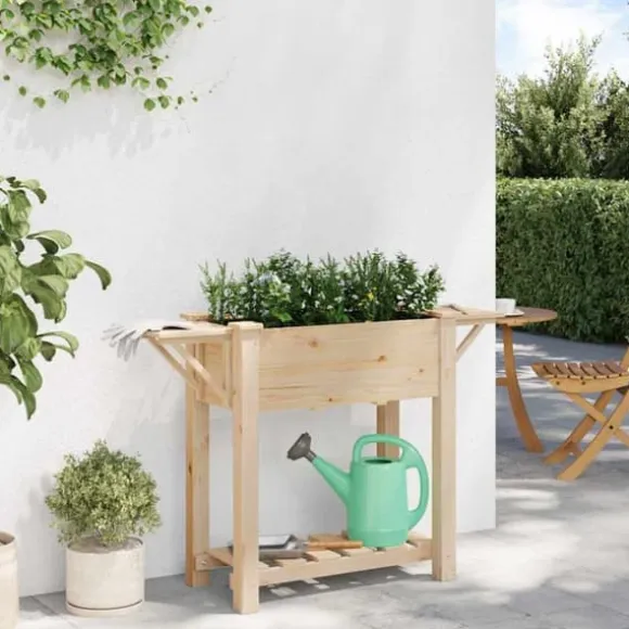 Beige blomsterkrukke med hylde i massivt fyrretræ | Størrelse: 111 x 37 x 76.5 cm
