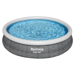 Bestway Round Oppustelig Fast Set Swimming Pool - Rattan Print - 366 x 76 cm - Inklusive Tilbehør CB19