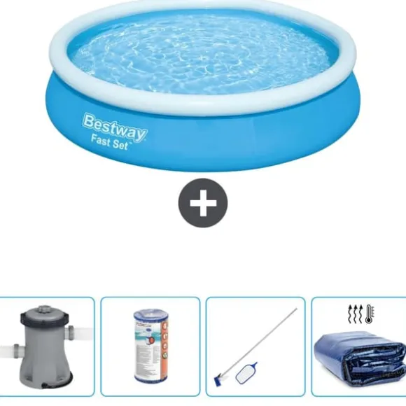 Bestway Round Oppustelig Fast Set Swimming Pool - 366 x 76 cm - Blå - Inklusive Tilbehør CB57