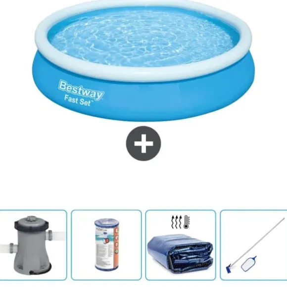 Bestway Round Oppustelig Fast Set Swimming Pool - 366 x 76 cm - Blå - Inklusive Tilbehør CB54