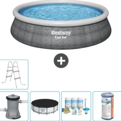 Bestway Round Oppustelig Fast Set Swimming Pool - Rattan Print - 457 x 84 cm - Inklusive Tilbehør CB14