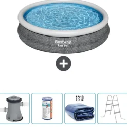 Bestway Round Oppustelig Fast Set Swimming Pool - Rattan Print - 366 x 76 cm - Inklusive Tilbehør CB59