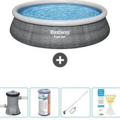 Bestway Round Oppustelig Fast Set Swimming Pool - Rattan Print - 457 x 84 cm - Inklusive Tilbehør CB58
