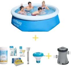 Bestway swimmingpool - Fast sæt - 244 x 66 cm - Inklusiv WAYS vedligeholdelsespakke og filterpumpe