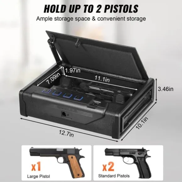 Biometrisk pistolskab med tre adgangsmetoder til opbevaring af to pistoler. Sikkerhed og nem adgang.