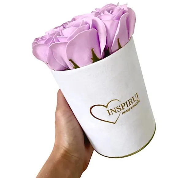 Blomsterkasse Inspiruj - Hvid kasse med sæberoser - nr. 6 Lys lilla