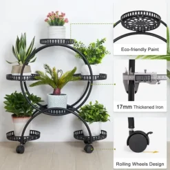 Blomsterstander - Plantehylde med 4 hjul - 6 niveauer - Metal - Samling påkrævet - Str. L - Sort