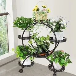 Blomsterstander - Plantehylde med 4 hjul - 6 niveauer - Metal - Samling påkrævet - Str. L - Sort