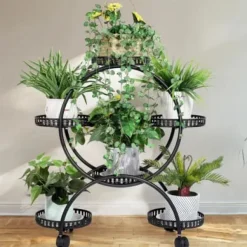 Blomsterstander - Plantehylde med 4 hjul - 6 niveauer - Metal - Samling påkrævet - Str. L - Sort