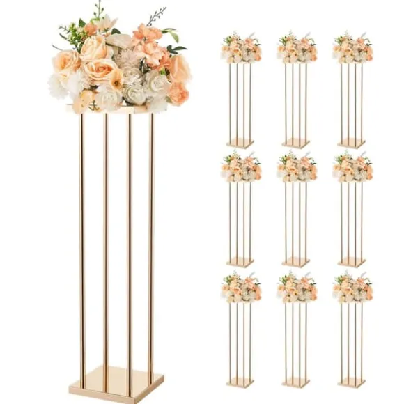 Blomsterstander Sæt - Søjle/Piedestal - Sæt Af 10 - Højde 80 cm - Metal - Cylindrisk & Kubisk - Til Bryllup & Fest - Guld