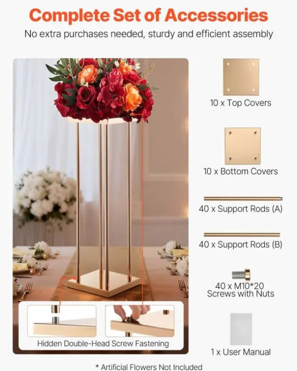 Blomsterstander Sæt - Søjle/Piedestal - Sæt Af 10 - Højde 80 cm - Metal - Cylindrisk & Kubisk - Til Bryllup & Fest - Guld