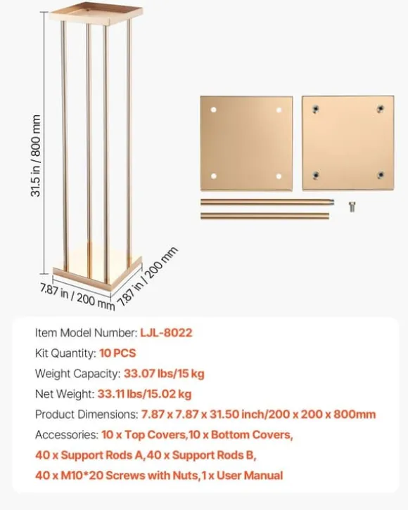 Blomsterstander Sæt - Søjle/Piedestal - Sæt Af 10 - Højde 80 cm - Metal - Cylindrisk & Kubisk - Til Bryllup & Fest - Guld