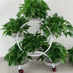 Blomsterstander til krukker - Rund metalstander med hjul - Til altan og have - Hvid