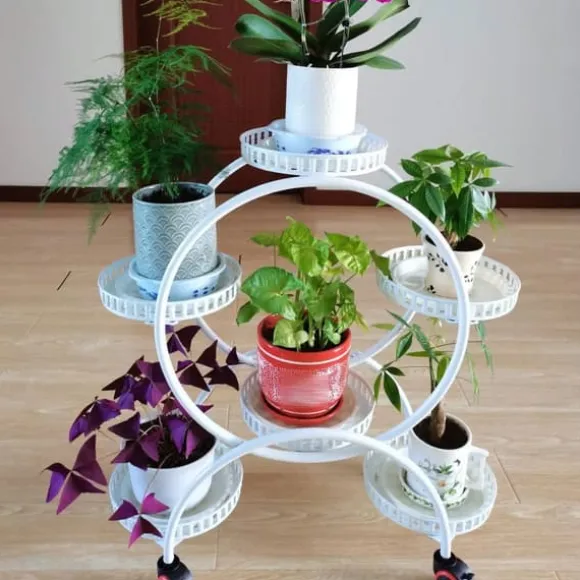 Blomsterstander til krukker - Rund metalstander med hjul - Til altan og have - Hvid