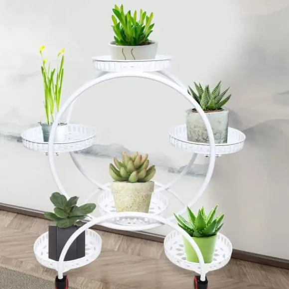Blomsterstander til krukker - Rund metalstander med hjul - Til altan og have - Hvid