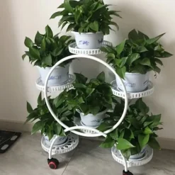 Blomsterstander til krukker - Rund metalstander med hjul - Til altan og have - Hvid