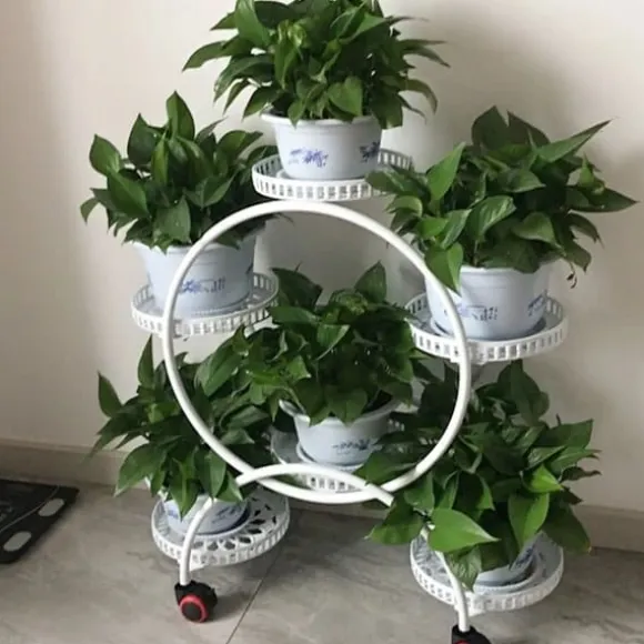 Blomsterstander til krukker - Rund metalstander med hjul - Til altan og have - Hvid