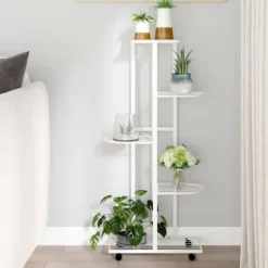 Blomsterstativ med 5 niveauer og hjul - Plantestativ i jern | Farve: Hvid | Størrelse: 44x23x100 cm