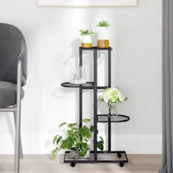Blomsterstativ med 4 niveauer og hjul - Jern | Farve: Sort | Størrelse: 44x23x80 cm