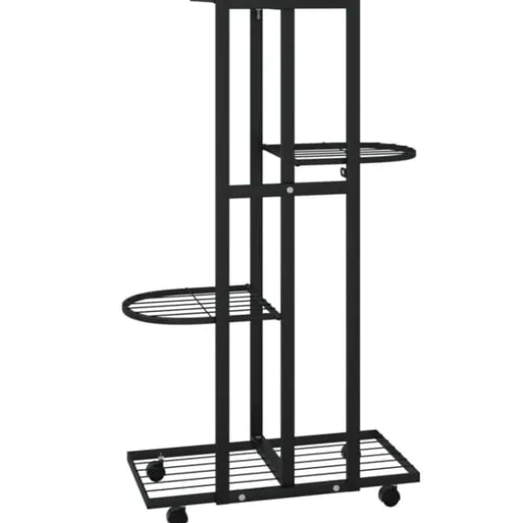 Blomsterstativ med 4 niveauer og hjul - Jern | Farve: Sort | Størrelse: 44x23x80 cm