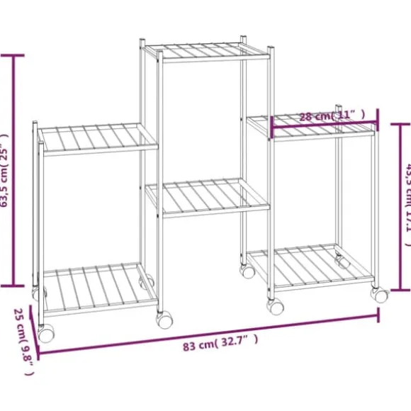 Blomsterstativ med hjul - Robust plantehylde i jern | Farve: Sort | Størrelse: 83x25x63,5 cm