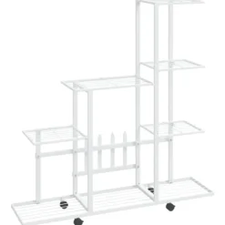 Blomsterstativ med hjul - Plantestativ i metal | Farve: Hvid | Størrelse: 94,5x25x92,5 cm