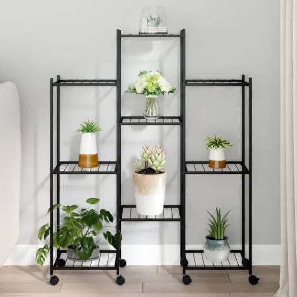 Blomsterstativ med hjul i jern - Plantehylde | Farve: Sort | Størrelse: 83x25x103,5 cm