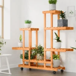 Blomsterstativ med hjul i massiv fyrretræ - Plantestativ til indendørs og udendørs brug | Størrelse: 95x25x101 cm