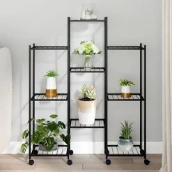 Blomsterstativ med hjul 83x25x103,5 cm jern sort - Blomsterstativ - Blomsterstativer - Home & Living