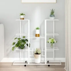 Blomsterstativ med hjul 94,5x24,5x91,5 cm jern hvid - Blomsterstativ - Blomsterstativer - Home & Living