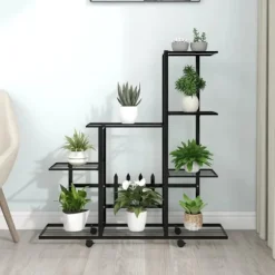 Blomsterstativ med hjul 94,5x25x92,5 cm metal sort - Plantestativ - Plantestativer - Home & Living