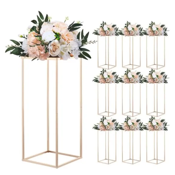 Blomsterstativer - Rektangulære Søjler - Sæt med 10 - 60 cm Højde - Metalramme - Til Bryllup og Fest - Guld