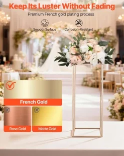 Blomsterstativer - Rektangulære Søjler - Sæt med 10 - 60 cm Højde - Metalramme - Til Bryllup og Fest - Guld
