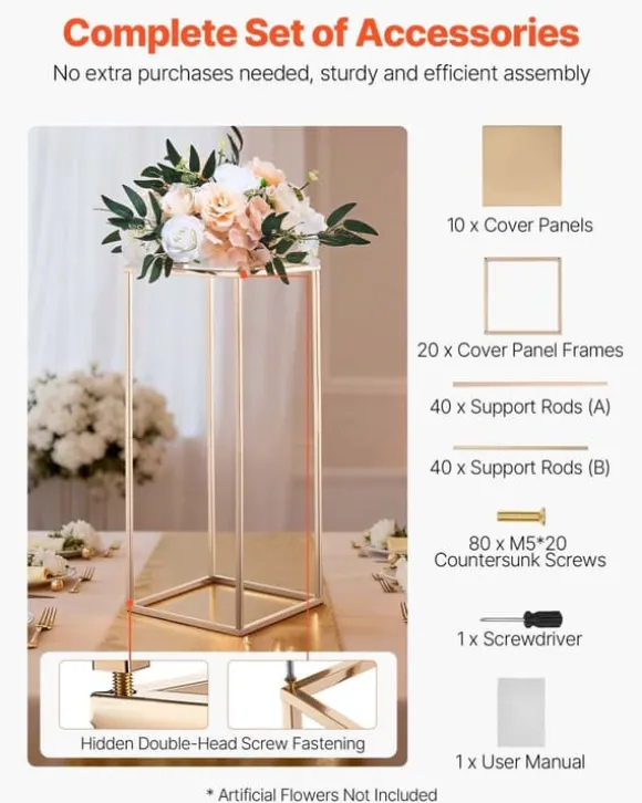 Blomsterstativer - Rektangulære Søjler - Sæt med 10 - 60 cm Højde - Metalramme - Til Bryllup og Fest - Guld
