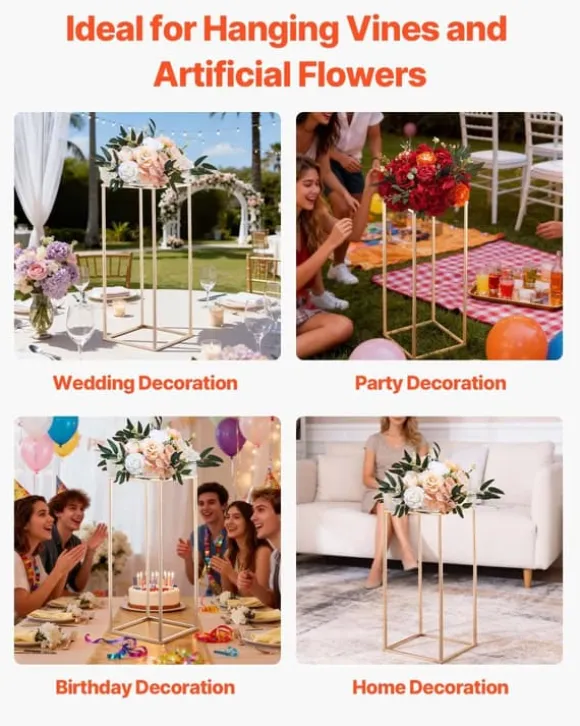 Blomsterstativer - Rektangulære Søjler - Sæt med 10 - 60 cm Højde - Metalramme - Til Bryllup og Fest - Guld